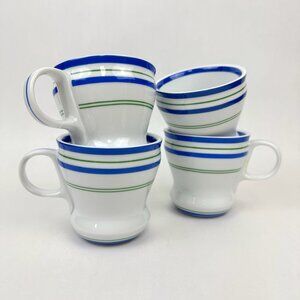 Lot 4 Starbucks Coffee Mug 2007 Blue Green Stripe White 12oz Retro Diner Style